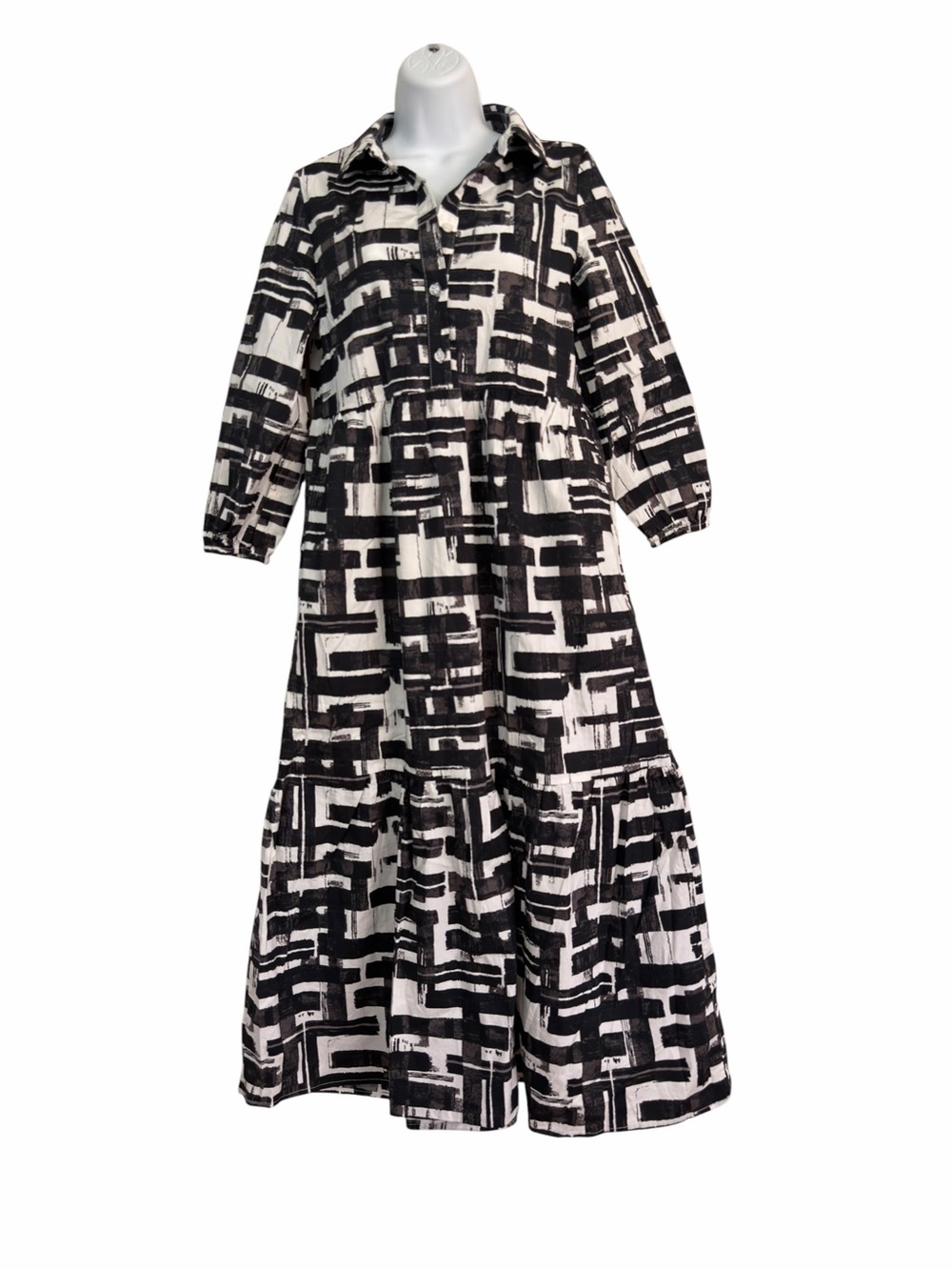 Rachel Zoe Black White Graphic Brushstroke Midi Maxi Dress Size Small Cotton